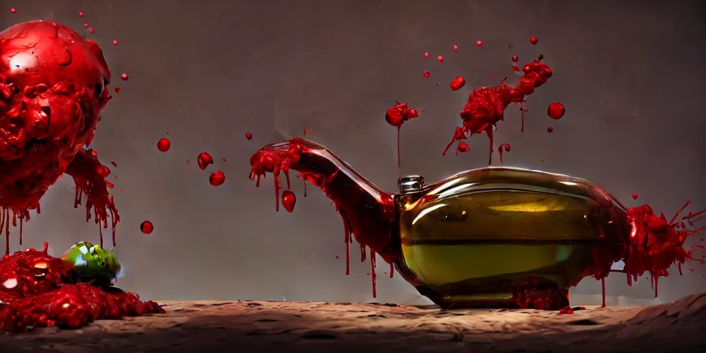 Image similar to olive oil made of blood. cute, illustration, digital art, inspired by little big planet, by greg rutkowski, detailed, sharp, masterpiece, highly detailed, photorealistic, octane render, 8 k, unreal engine 5, trending on artstation