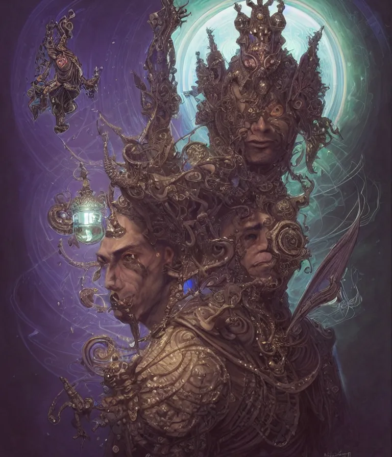 Image similar to front shot of a court jester character, hyperdimensional, bioluminescent hypercubes, dark holography!!!, (((intricate))), elegant, highly detailed, centered, (((artstation, concept art, smooth, sharp focus, artgerm, Tomasz Alen Kopera, Peter Mohrbacher, donato giancola, Joseph Christian Leyendecker, WLOP, Boris Vallejo))), mugshot!!!!!, ugly!!!!!!, octane render, nvidia raytracing demo, octane render, nvidia raytracing demo, octane render, nvidia raytracing demo, grainy, muted, 8K, digitalblasphemy, metatron