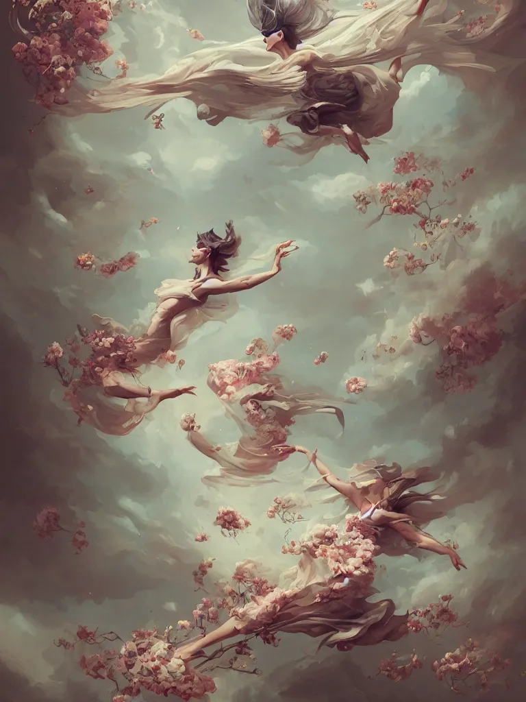 Image similar to a portrait of a body flying through the sky covered in flowers in a dynamic pose, in the style of peter mohrbacher, highly detailed, soft lighting, art nouveau patterns, trending on artstation