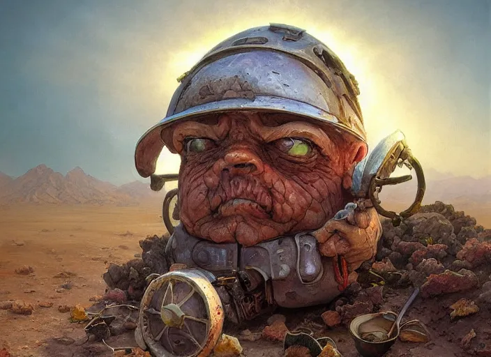 Image similar to a forgotten garden gnome surviving in a vast barren desert, hopeless wasteland background with a relentless raging sun overhead, hot, oppressive, an ultrafine detailed painting by stanley artgerm lau, greg rutkowski, thomas kindkade, alphonse mucha, loish, trending on deviantart, pop surrealism, whimsical, lowbrow, perfect symmetrical face