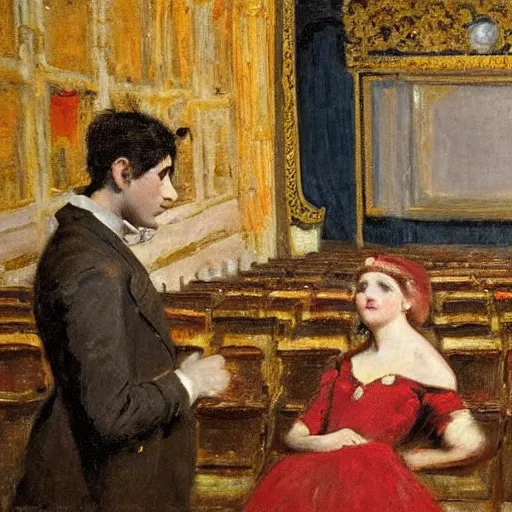 Image similar to a young man watching an actress on stage in an old theater, by alfred stevens