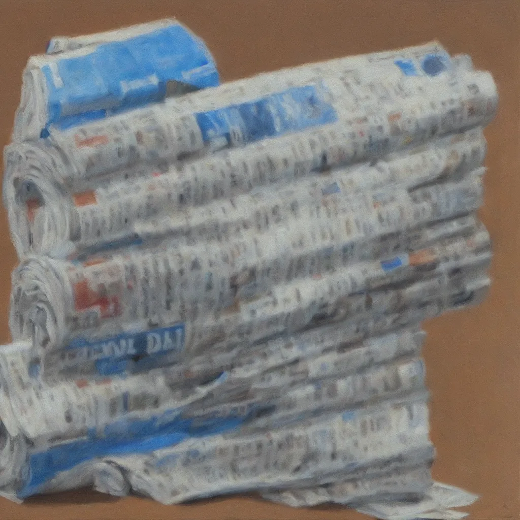 Image similar to oil painting of a very thick roll of newspaper standing vertically against a blue background, impressionist artwork