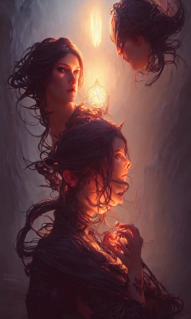 Image similar to Necromancer Sorceress in center, fantasy magic, undercut hairstyle, dark light night, intricate, elegant, sharp focus, illustration, highly detailed, digital painting, concept art, matte, art by WLOP and Artgerm and Greg Rutkowski and Alphonse Mucha, masterpiece