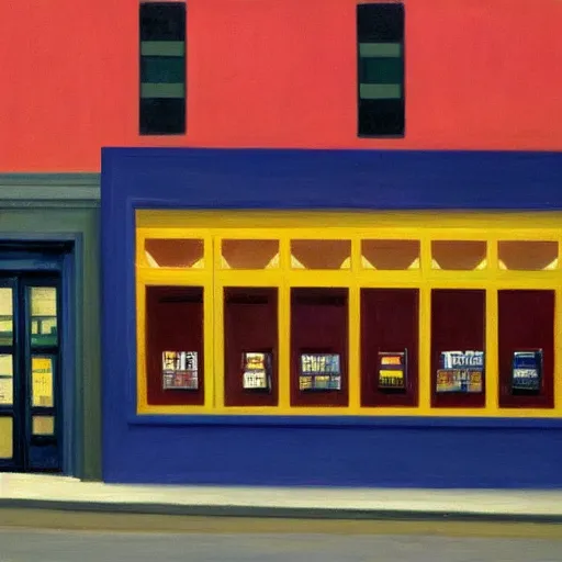 Prompt: painting of a blockbuster movie rental store by edward hopper
