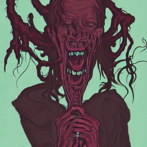 Image similar to a demonic witch eating a human, inspired by the thing, david lynch, cronenberg, rob zombie film