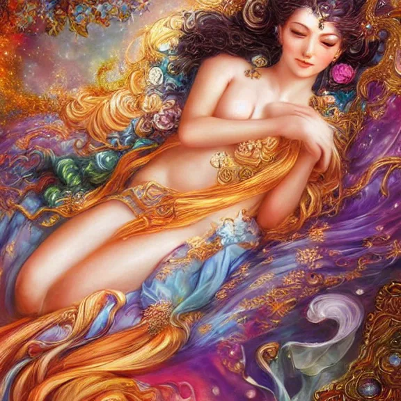 Image similar to a celestial goddess on her day off catching up on social media in bed, magic realism, art by josephine wall, art by huang guangjian, art by viktoria gavrilenko, art by amanda sage, trending on artstation