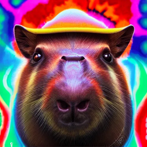 Prompt: portrait of a capybara in the movie fear and loathing in las vegas, extremely detailed, psychedelic, trippy, digital painting, centered, cinematic lighting, vertical symmetry, trending, artstation