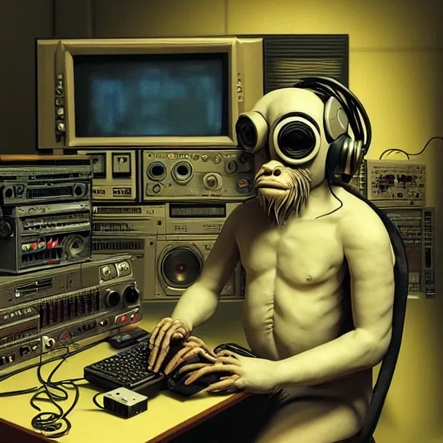 Image similar to a portrait of an anthropomorphic cyberpunk yeti podcasting while working in his secret electronics lab, detailed render, tape deck, studio microphone, boombox, headphones, epic composition, cybernetics, 4 k realistic, cryengine, realistic shaded lighting, sharp focus, masterpiece, by matteo scalera, gary montalbano, peter elson in the style of the tokyo ghost comic