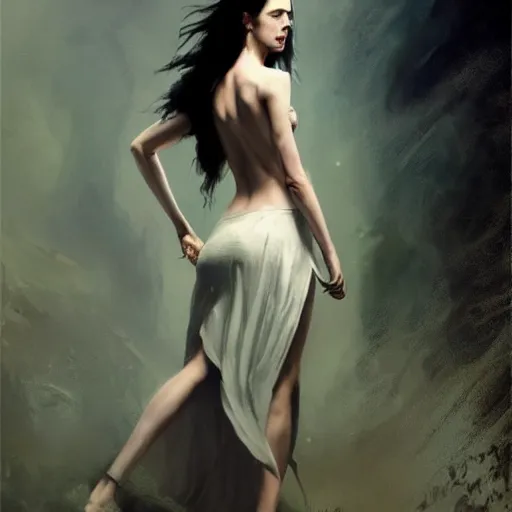 Image similar to eva green as yennifer, dynamic pose, painted by greg rutkowski