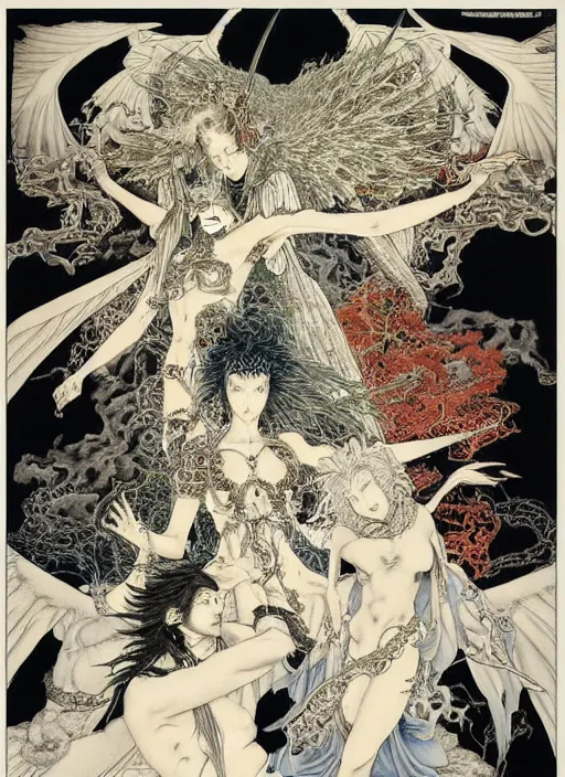 Image similar to battle between good and evil , battle between angels and demons, by and Austin Osman Spare and Takato Yamamoto and Yoshitaka Amano, high resolution, ultra detailed