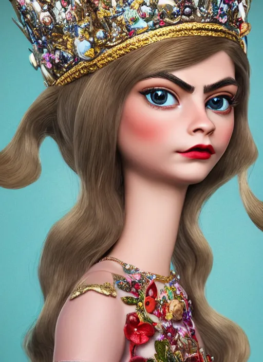 Image similar to closeup face profile portrait of a tin toy cara delevingne as a fairytale princess wearing a crown with tin bunnies, bikini, depth of field, zeiss lens, detailed, symmetrical, centered, fashion photoshoot, by nicoletta ceccoli, mark ryden, lostfish, breathtaking, 8 k resolution, extremely detailed, beautiful, establishing shot, artistic, hyperrealistic, octane render
