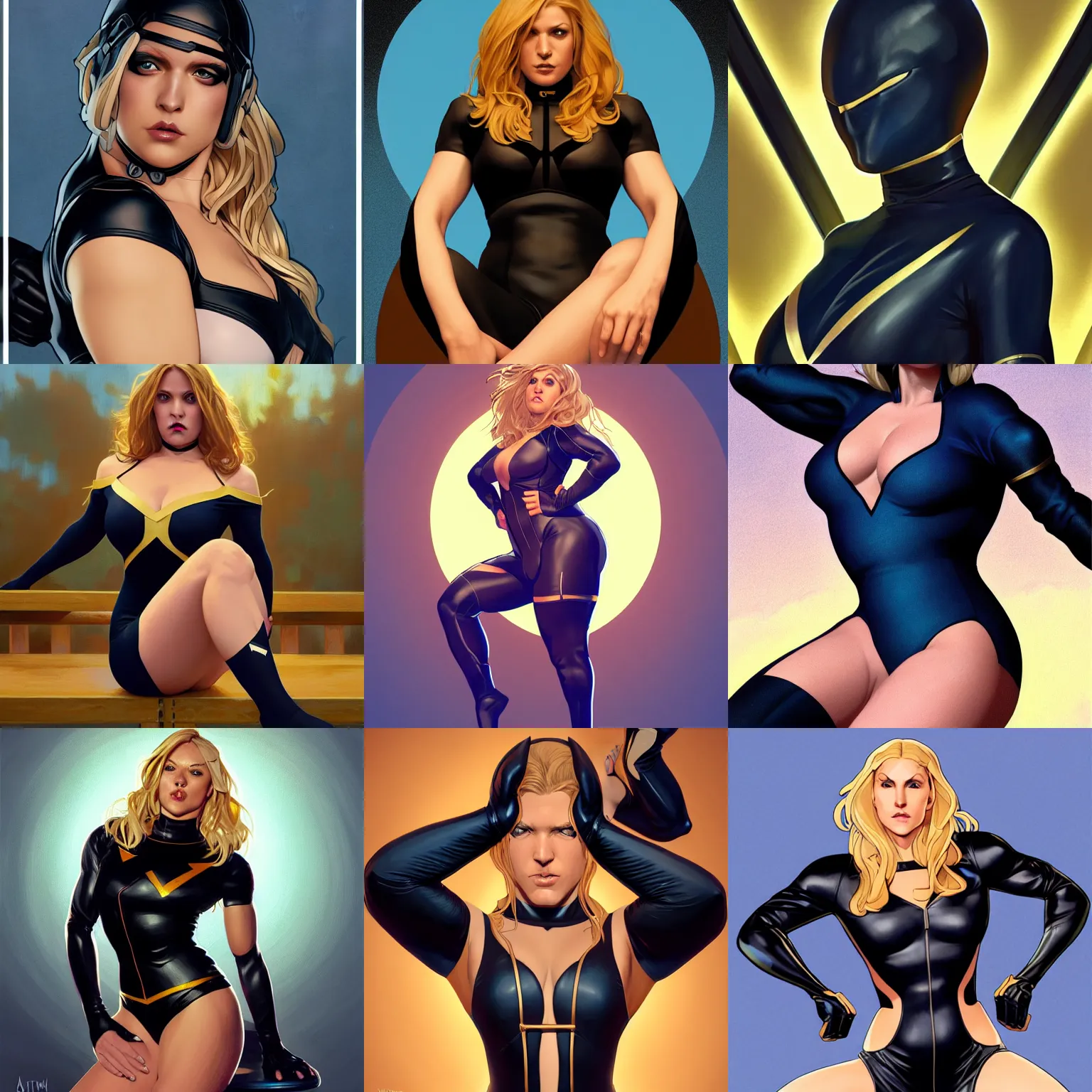 Prompt: character concept portrait, symmetrical, black canary, sitting with her arms tucked behind her back, dark blue leotard costume, bust, curvaceous, medium shot. detailed, high quality, dynamic lighting, high contrast, depth of field, fantasy, shiny. digital artwork by artgerm, wlop, alex ross, greg rutkowski, alphonse mucha