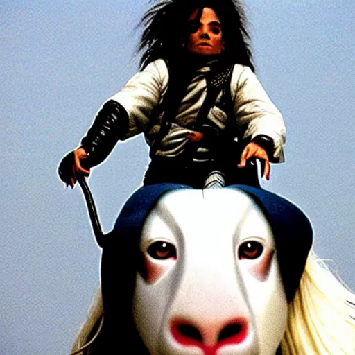 Image similar to Michael Jackson riding on top of Falkor from the film The Neverending Story