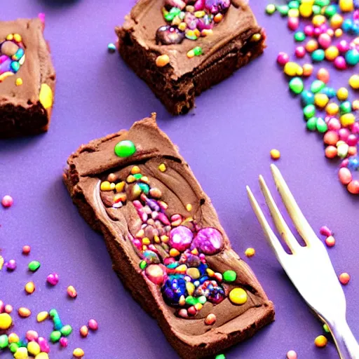 Prompt: cosmic brownie. cookbook photo. bismuth frosting, precious gemstones