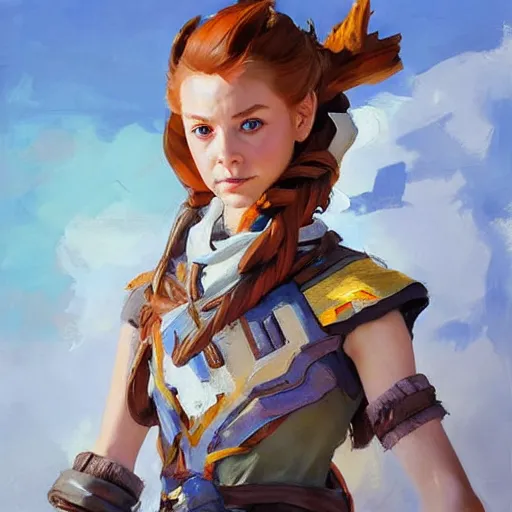 Image similar to greg manchess portrait painting of a aloy as overwatch character, medium shot, asymmetrical, profile picture, organic painting, sunny day, matte painting, bold shapes, hard edges, street art, trending on artstation, by huang guangjian and gil elvgren and sachin teng