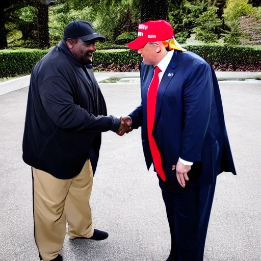 Image similar to patrice o'neal and donald trump shaking hands while smiling and laughing, ultra realistic, 8 k, photorealistic