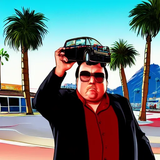 Image similar to John Candy in GTA V. Los Santos in the background, palm trees. In the art style of Stephen Bliss