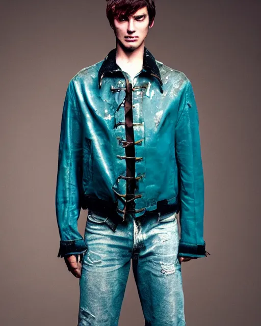 Prompt: an award - winning photo of an ancient male model wearing a plain cropped baggy teal distressed medieval designer menswear aviator jacket designed by alexander mcqueen, 4 k, studio lighting, wide angle lens, 2 0 0 4