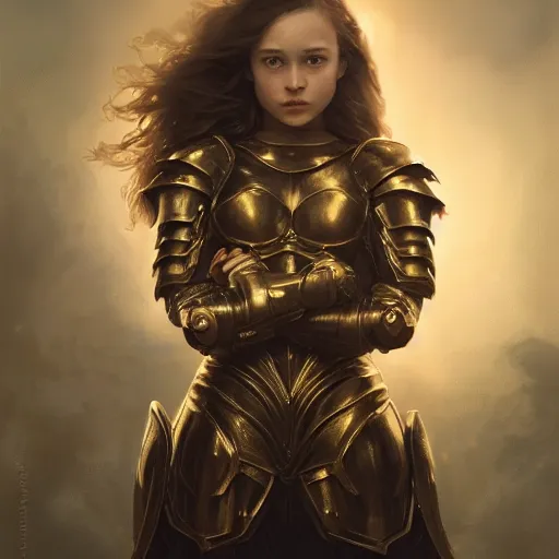 Image similar to attractive aesthetically pleasing young girl portrait, partially clothed in metal-plated battle armor, atmospheric lighting, painted, intricate, volumetric lighting, beautiful, golden hour, sharp focus, ultra detailed, by Leesha Hannigan, Ross Tran, Thierry Doizon, Kai Carpenter,Ignacio Fernández Ríos