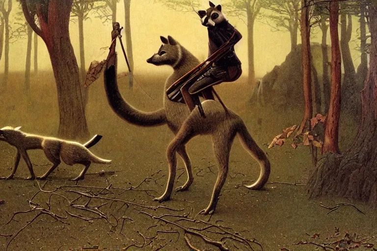 Image similar to a raccoon horseback riding on an oversized fox through a forest, digital art, furry art, glowing with silver light, illustration by jean - leon gerome, by winsor mccay, today's featured photograph, 1 6 k, character design, realistic, detailed