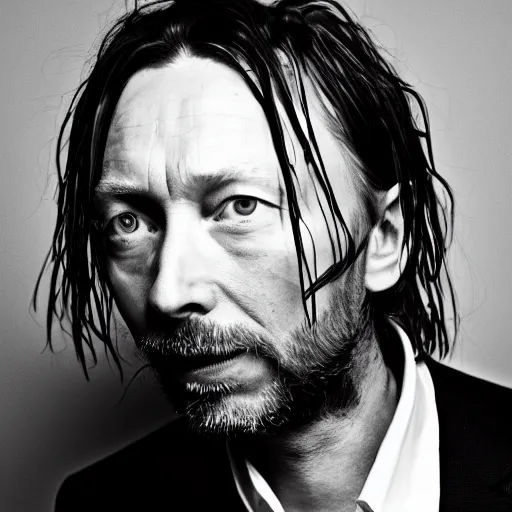 Prompt: a black and white photo of thom yorke in a suit by John E. Berninger, featured on pexels, les nabis, studio portrait, chiaroscuro, ultrafine detail