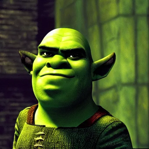 Prompt: Shrek as Neo from The Matrix, early screen test