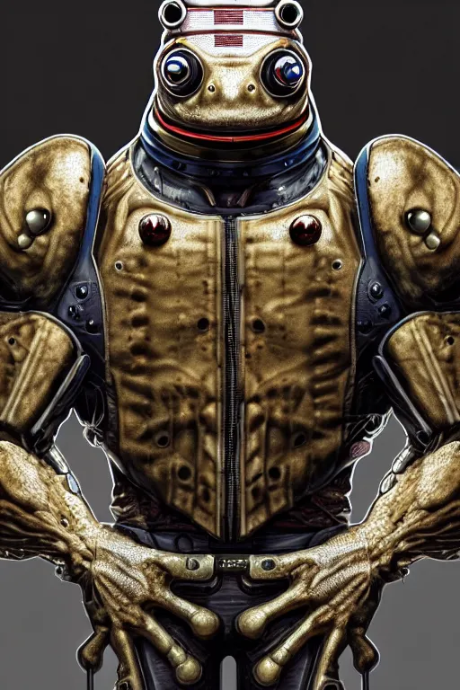 Image similar to a portrait of a muscular anthropomorphic cyberpunk frog in spacesuit armor with ensignia on chest plate by sandra chevrier, by jon foster, detailed render, post - processing, extremely hyperdetailed, intricate, epic composition, cybernetics, 4 k realistic, cryengine, realistic shaded lighting, sharp focus, masterpiece, by enki bilal