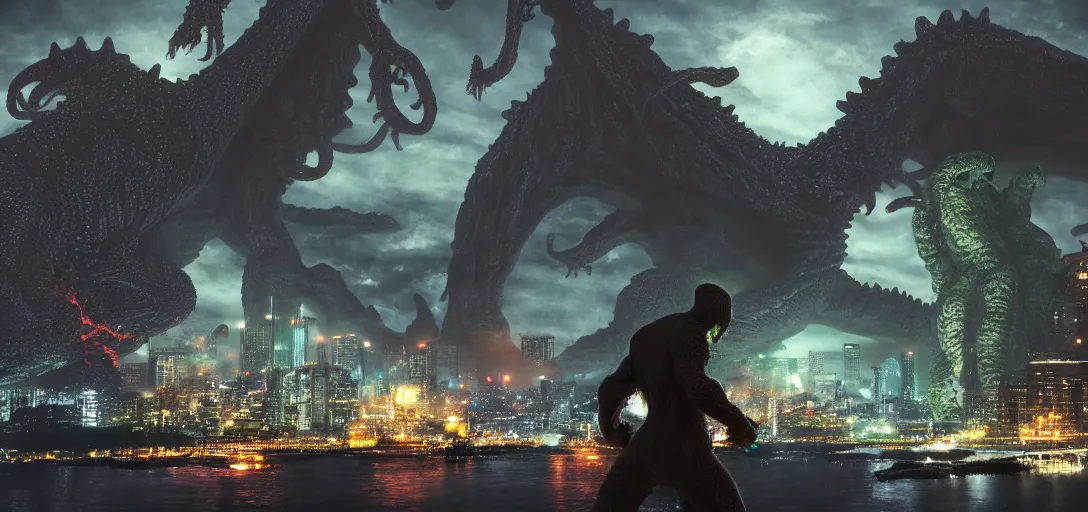 Prompt: a landscape photo of cthulhu fighting godzilla in tokyo, nighttime, photorealism, hyperreal, 8 k, bright lights, cinematic lighting, film concept art, trending on artstation