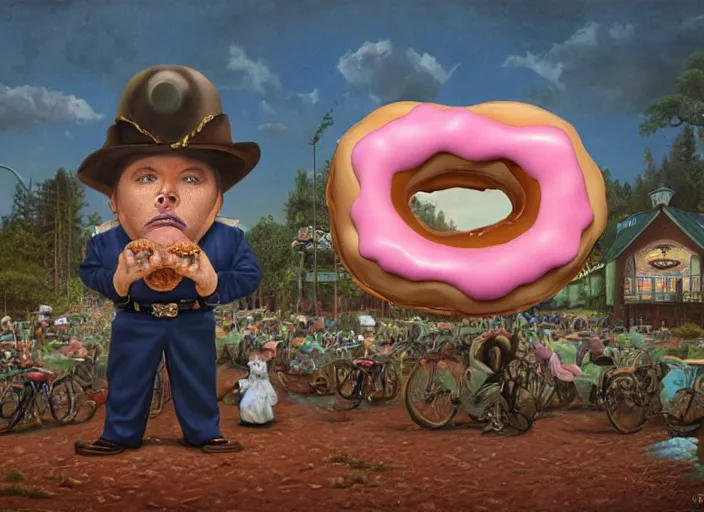 Image similar to the sheriff in the shape of a donut, lowbrow, matte painting, 3 - d highly detailed, in the style of mark ryden,