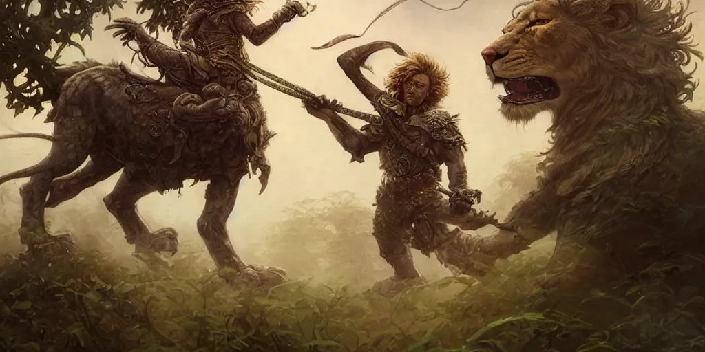 Image similar to halfling druid ranger riding a lion, realistic, ultra detailed, fantasy character portrait, ultra realistic, wide angle, intricate details, highly detailed by peter mohrbacher, hajime sorayama, wayne barlowe, boris vallejo, aaron horkey, gaston bussiere, craig mullins