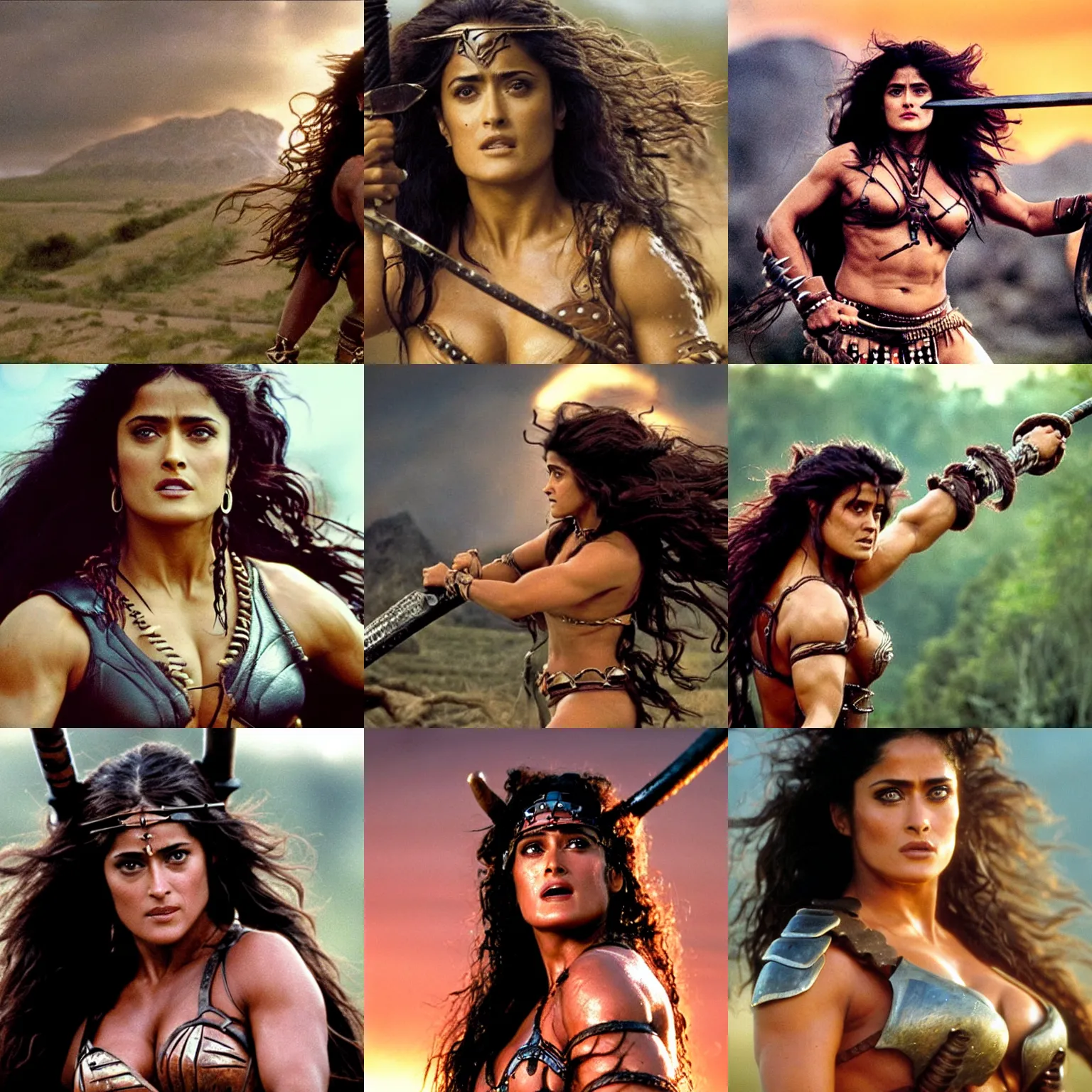 Prompt: epic photo of muscular salma hayek as beautiful barbarian warrior princess with long curly black hair blowing in the wind in a battle scene, sweaty, detailed eyes, neutral expression, shallow depth of field, photorealistic, cinematic lighting, lovely bokeh, warm colours, sunset south, movie quality, the beastmaster 1 9 8 5, movie still