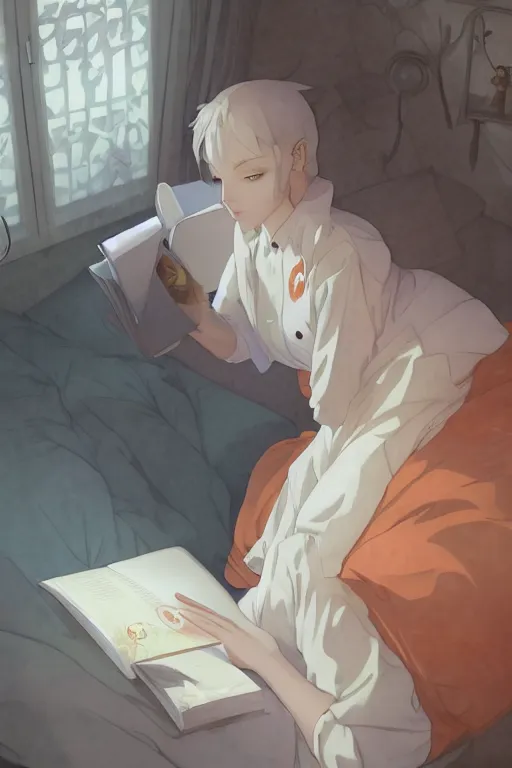 Image similar to a teenage girl with white short hair in a jk uniform outfit in the bedroom reading a book in a night, raining outside the window, grey and orange theme, by krenz cushart and mucha and greg rutkowski and makoto shinkai, detailed eyes, 4 k resolution