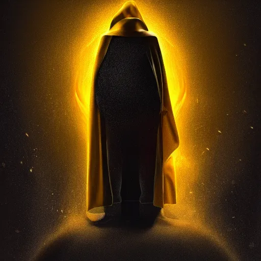 Image similar to award - winning. trending on artstation. cinematic. expressive. a faceless man wearing layered yellow robes while a black hole floats behind them. dark background.