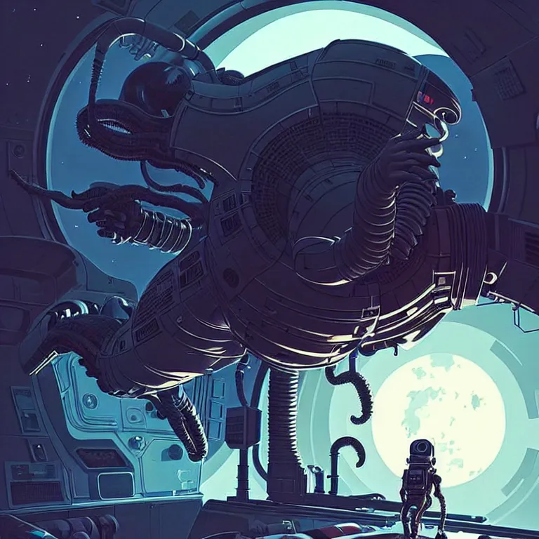 Image similar to A Xenomorph creeping in the shadows of a space station, art by James Gilleard, James Gilleard artwork, vintage