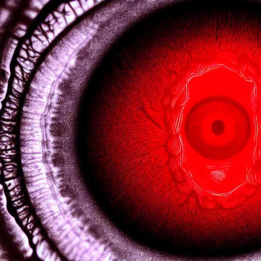 Image similar to a detailed extremely close up of inside the iris, cornea, red image, microscopic, extremely close up drawing by junji ito, cgsociety, generative art, lovecraftian, parallax, cosmic horror, extremely detailed, hyperrealism, unreal engine, octane render, award winning, masterpiece, highly detailed, realistic, 4 k, digital