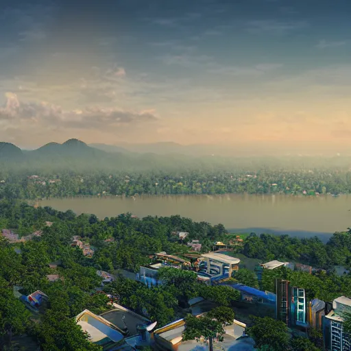 Image similar to beautiful guwahati city heavenly and peaceful landscape wide angle view, beautiful lighting, digital art , highly detailed , high contrast, beautiful lighting, award winning , trending on art station, 8k, photorealistic, unreal engine 5