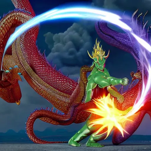 Prompt: shenron fighting bahamut, hyper realistic, cg animation, final fantasy, dragon ball z