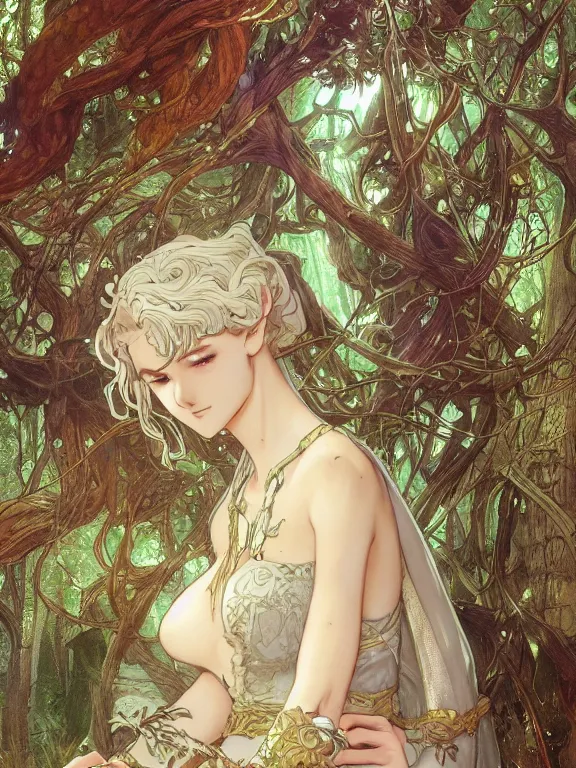 Image similar to anime key visual of amora the enchantress wearing a medieval gown!! intricate, magical forest, stunning, highly detailed, digital painting, artstation, smooth, hard focus, illustration, art by artgerm and greg rutkowski and alphonse mucha