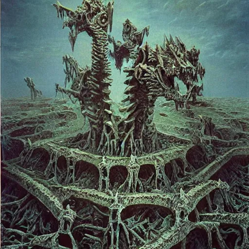 Image similar to cathedral made of bones, dragons fighting in the air, hellscape by beksinski