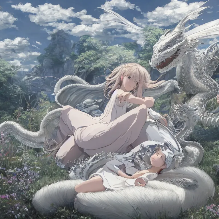 Image similar to a hyper detailed big render that beautiful princess lie on the ground be surrounded in the white clouds fairyland center by a huge silver white dragon, finely detailed angelic face, style of studio ghibli, makoto shinkai, xision, ilya kuvshinov and artgerm, kazuki tanahashi, james jean, animation style, golden curve composition, telephoto lens