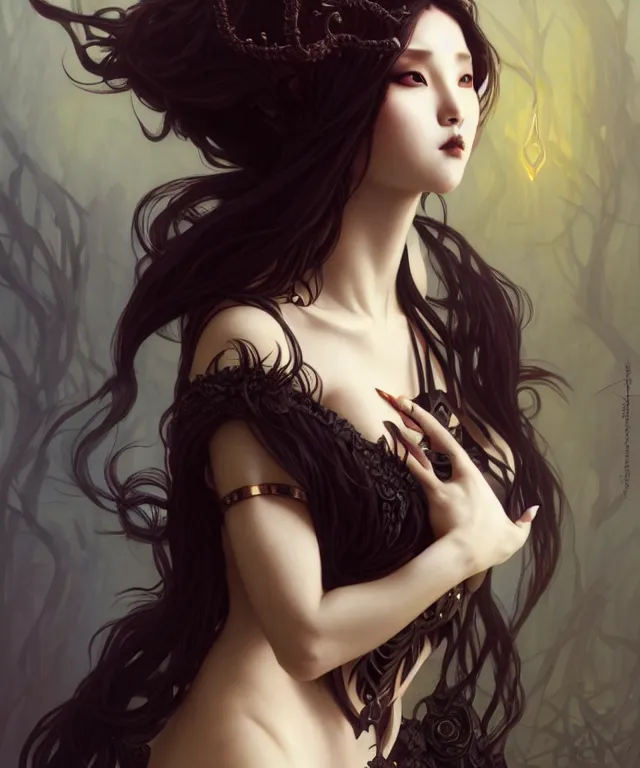 Image similar to hwasa as a gothic female fantasy satyr, portrait, fantasy, intricate, elegant, highly detailed, digital painting, artstation, concept art, smooth, sharp focus, illustration, art by artgerm and greg rutkowski and alphonse mucha