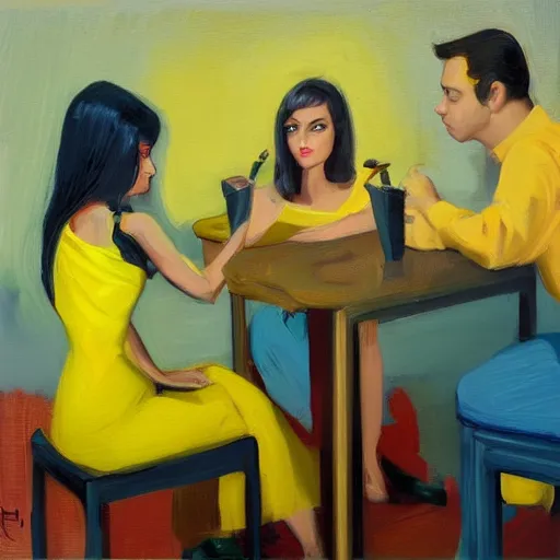 Image similar to by michael malm electric yellow, powerpuff girls. a computer art of two people, a man & a woman, sitting at a table. the man is looking at the woman with interest. the woman is not interested in him. there is a lamp on the table between them.