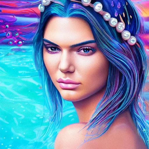 Image similar to kendall jenner portrait, fantasy, mermaid, hyperrealistic, game character, underwater, highly detailed, sharp focus, cinematic lighting, pearls, glowing hair, shells, gills, crown, water, highlights, starfish, jewelry, realistic, digital art, pastel, magic, fiction, ocean, king, colorful hair, sparkly eyes, fish, heroic, goddess, waves, bubbles, queen