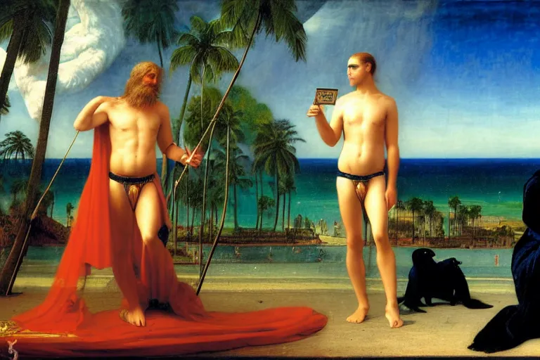 Image similar to The Magician on front of balustrade and palace columns, refracted lightnings on the ocean, thunderstorm, tarot cards characters, beach and Tropical vegetation on the background major arcana sky and occult symbols, by paul delaroche, hyperrealistic 4k uhd, award-winning, very detailed paradise