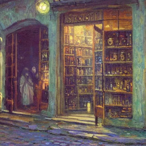 Prompt: the alchemist's storefront by greg rutkowski and claude monet, oil on canvas