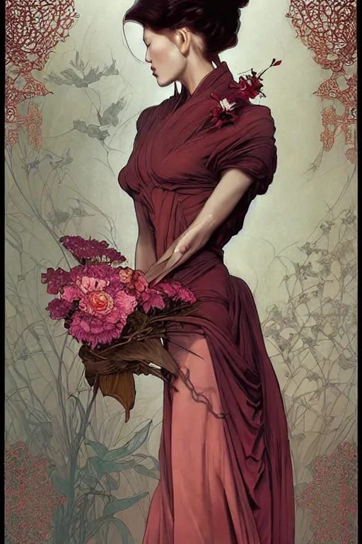 Image similar to full length portrait of a beautiful mysterious chinese humanoid holding bouquet of flowers by eve ventrue, michael carson, andreas rochas, john watkiss, casey weldon, artgerm. art nouveau. tarot card by mucha. gloomhaven. swirly intricate linework background. gaudy colors, sharp edges. octane render