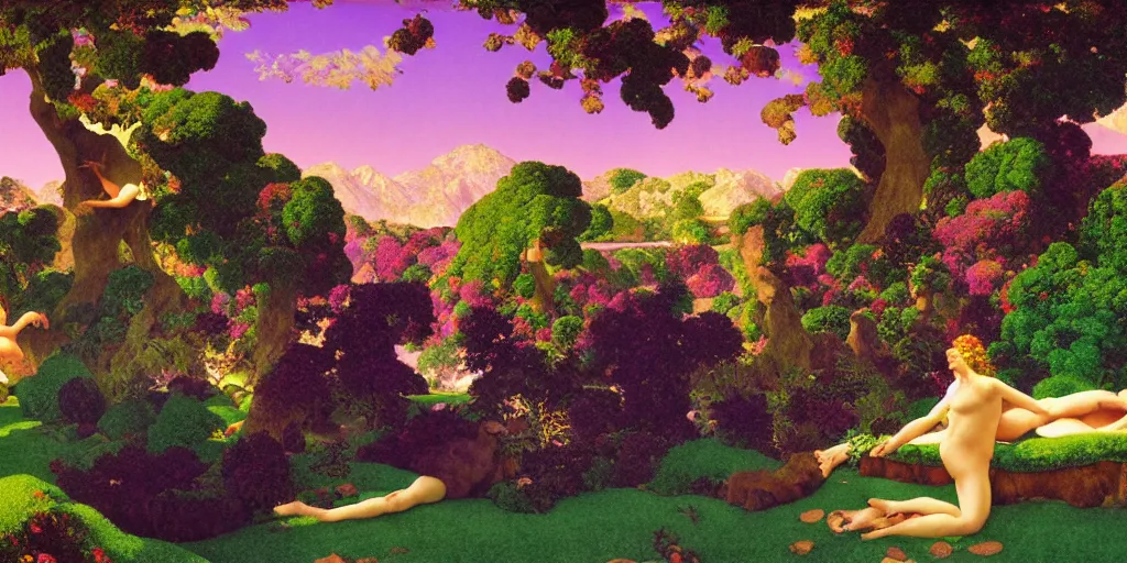 Image similar to a vaporwave landscape of the Garden of Eden by Maxfield Parrish, vaporwave style, digital art 8k