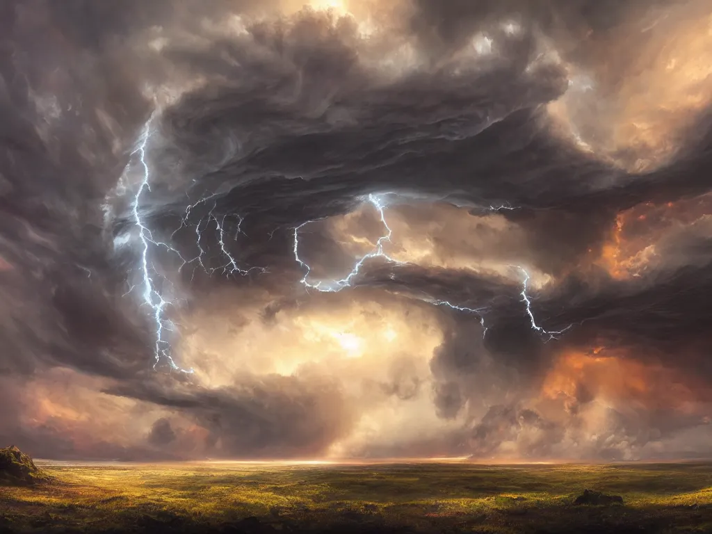 Image similar to a giant stormy rift in reality opens over a calm field in summer, award-winning, trending on artstation, oil on canvas, masterpiece, matte painting