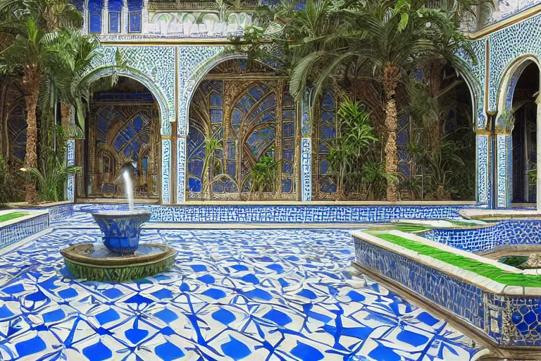 Image similar to beautiful moorish palace courtyard garden, by ludwig deutsch, patterned blue tilework, palm trees, tiled fountains, extremely detailed, dramatic lighting, smooth sharp focus