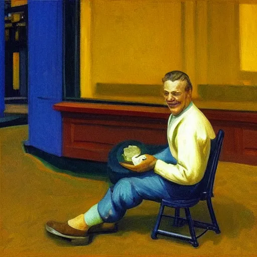 Image similar to “ here ’ s a man with a smile like god ’ s shoeshine by edward hopper and gogh ”